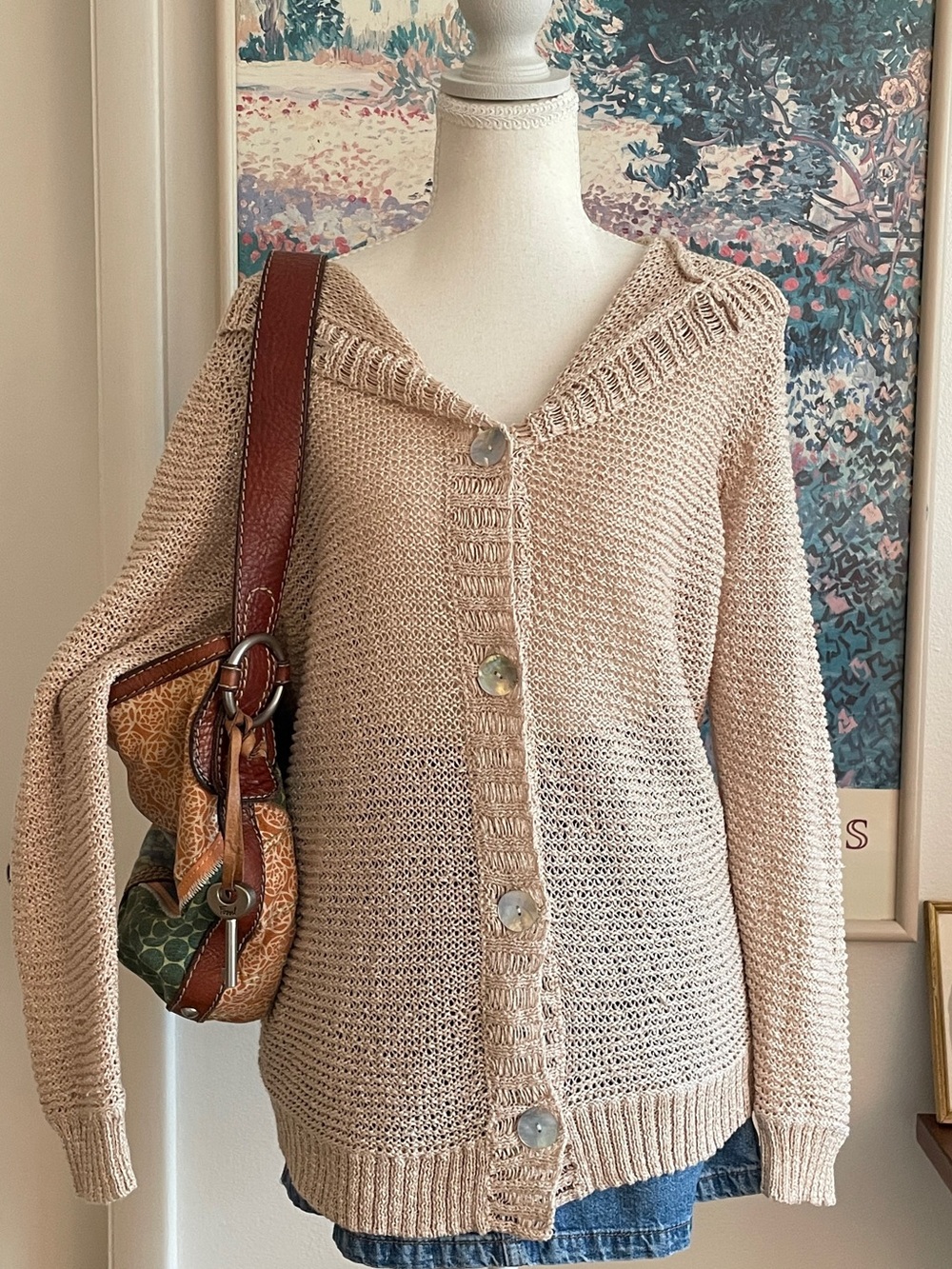 Chico’s Sweater Women’s 1 Tan Crochet Hoodie Open Knit Pearl Button Boho Coastal